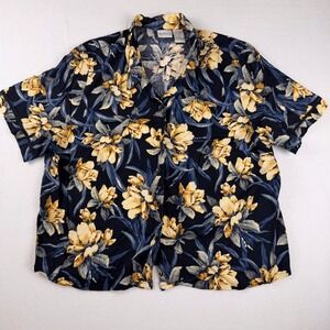 Koret Womens 20W Navy Blue Yellow Floral VTG‎ Linen Short Sleeve Button